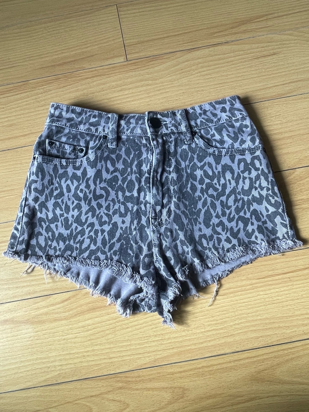 BDG Grey Leopard-Print Denim Cutoff Shorts